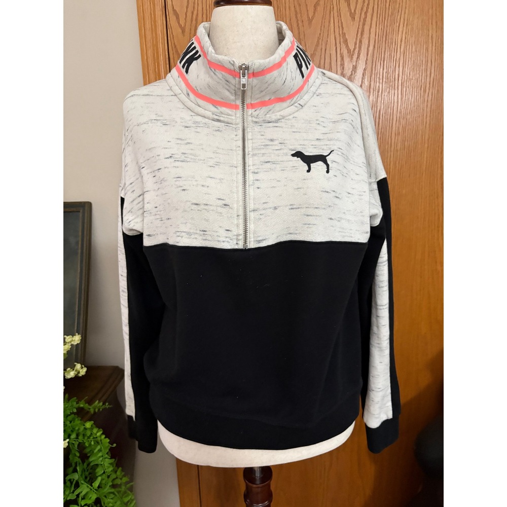 PINK Victoria's Secret Quarter Zip Sweatshirt Grey Black Colorblock Large
